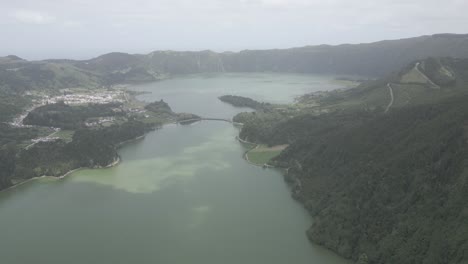 Sete-cidades-with-lush-green-hills-and-lakes,-aerial-view