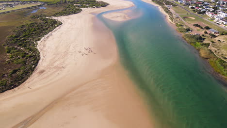 Scenic-aerial-view-of-Goukou-river-estuary-mouth-in-Still-Bay,-Cape-Whale-Coast