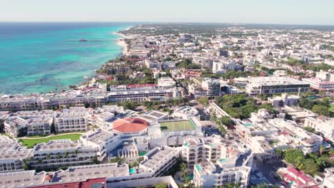 Playa-Del-Carmen,-Mexico,-Establishing-Drone-Shot,-Cityscape-and-Buildings-on-Caribbean-Sea-Coastline