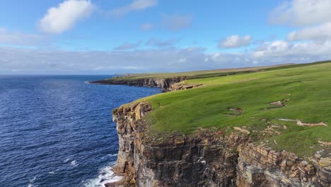Aerial-View-of-Yesnaby-Vista-Point,-Orkney,-Scotland-UK,-Picturesque-Coastline,-Cliffs-and-Meadows-60fps
