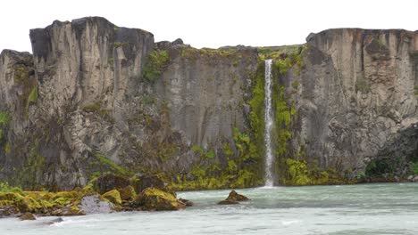 Fairytale-Landscape-of-Iceland,-Waterfall,-Steep-Cliff-and-Glacial-River