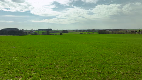 Expansive-green-field-under-a-partly-cloudy-sky,-stretching-towards-distant-hills-and-scattered-trees