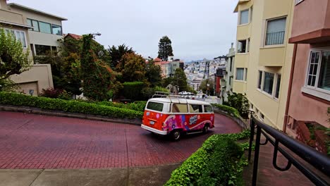 Volkswagen-Drives-Down-Lombard-Street-in-San-Francisco-Tourist-Attraction-with-Wide-Panning-Shot