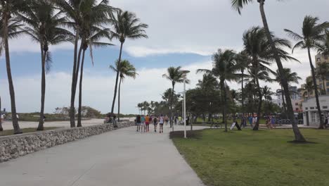 Gente-Caminando-Por-El-Paseo-Marítimo-Bordeado-De-Palmeras-En-Miami-Beach,-Florida