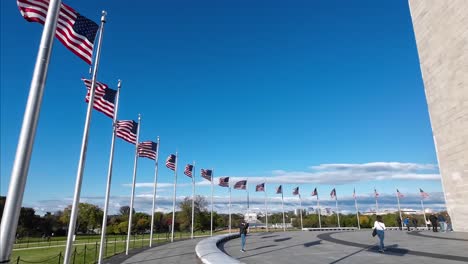 Muchas-Banderas-Americanas-Paradas-En-El-Monumento-A-Washington,-Ondeando-En-El-Viento