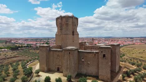 Historic-belalcazar-castle-under-a-partly-cloudy-sky,-aerial-view