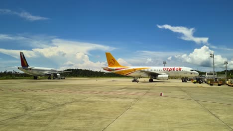 Royal-Air-Airplane-on-Boracay-Airport,-Philippines