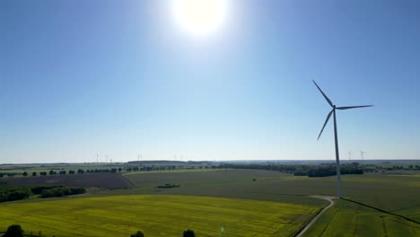 Wind-turbine-in-bright-sunlight,-standing-in-a-rapeseed-field,-renewable-energy-source