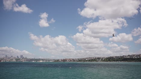 Ships,-ferries,-boats,-historical-buildings-in-the-Bosphorus,-Istanbul,-Turkiye