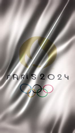 Logo-Der-Olympischen-Sommerspiele-2024-Auf-Weißem-Hintergrund,-Vertikaler-Vollrahmen,-Glänzende,-Elegante-Seidige-Textur,-Filmähnliche-Optik,-Realistische-4K-CG-Animation,-Zeitlupenflattern,-Nahtlos-Schleifenfähig