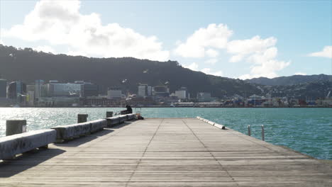 Seagulls-flock-around-the-end-of-a-wooden-pier-in-Wellington-New-Zealand