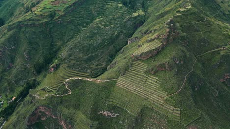 Aerial-view-showcases-the-rich-history-and-natural-beauty-of-Pisac,-with-terraces-and-pathways-leading-to-charming-villages