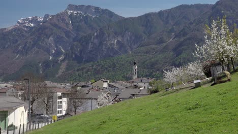 Gänse-Und-Enten-Mit-Blick-Auf-Die-Stadt-Caldonazzo-Und-Die-Berge-Im-Hintergrund-Im-Valsugana,-Trentino,-Italien