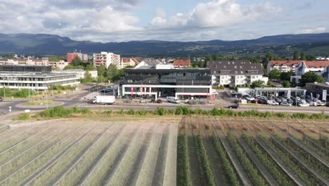Vista-De-ángulo-Alto-De-Un-Parque-Empresarial-Con-Oficinas-Y-Edificios-Industriales-En-Gland,-Suiza