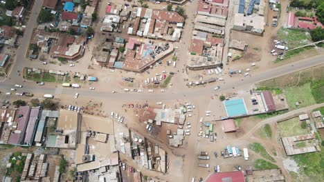 Aerial-top-down-view-on-streets-and-dense-urban-development-at-Loitokitok-town-center,-Kenya