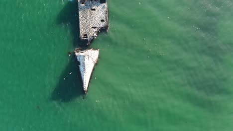 Aerial-flyover-view-of-large-shipwreck