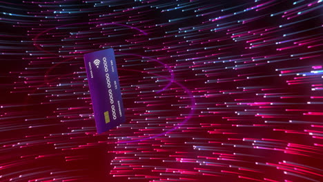 Animation-of-credit-card-with-data-over-glowing-lights-background