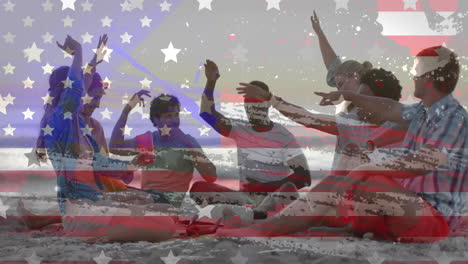 Animation-of-american-flag-and-texture-over-happy-diverse-friends-dancing,-sitting-on-sunny-beach