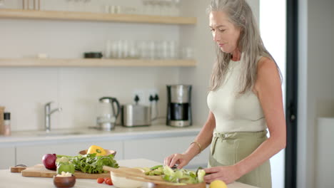 A-mature-Caucasian-woman-with-long-gray-hair-preparing-food-in-kitchen