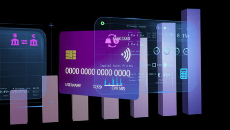 Animation-Einer-Kreditkarte-über-Der-Verarbeitung-Finanzieller-Daten-Auf-Schwarzem-Hintergrund