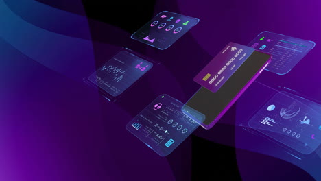 Animation-of-data-processing-with-credit-card-and-smartphone-over-shapes-on-black-background