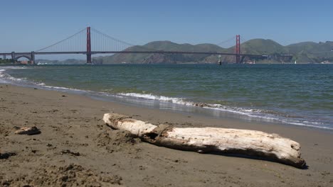 Blick-Auf-Die-Golden-Gate-Bridge-Vom-Golden-Gate-Beach-Mit-Abgestorbenem-Holzstamm,-San-Francisco,-Kalifornien,-USA