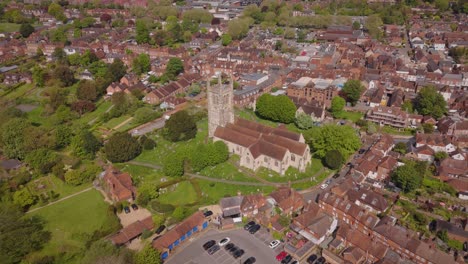 Birds-Eye-View-of-an-old-English-church-located-in-Farnham,-Surrey