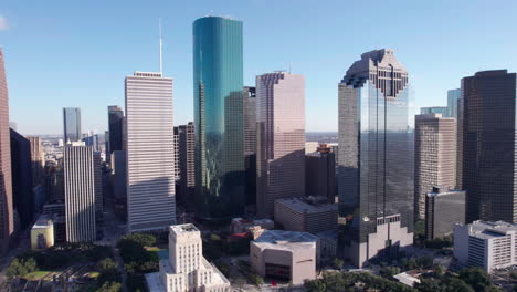 Houston-TX-USA,-Aerial-View-of-Downtown-Skyscrapers,-Towers-and-City-Hall