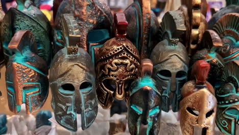 Close-Up-of-Ancient-Greek-Warrior-Helmets-in-a-Market