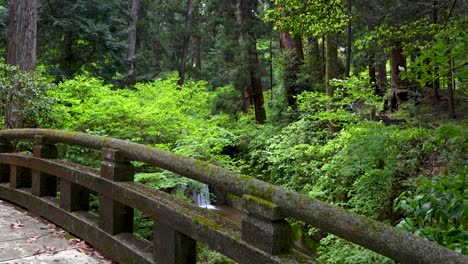 POV-walking-toward-waterfall-over-temple-stone-bridge-inside-lush-forest-in-Japan