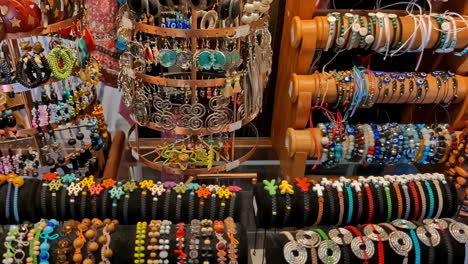 Colorful-Jewelry-Display-Stand-Featuring-Bracelets,-Earrings-and-Necklaces