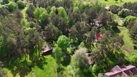 Hidden-houses-nestled-in-a-lush-green-Lithuanian-forest,-aerial-view