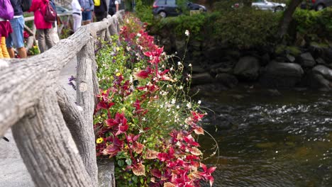 Flowers-and-People-on-Wooden-Footbridge-in-Pont-Aven,-Brittany,-France,-Slow-Motion