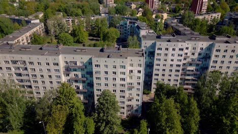 Tilt-down-on-massive-concrete-Russian-apartment-blocks-in-ghetto-suburb