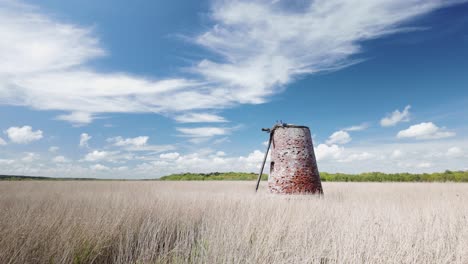 Walberswick-derelict-abandoned-windmill,-Westwood-marshes-reed-beds-move-with-coastal-breeze