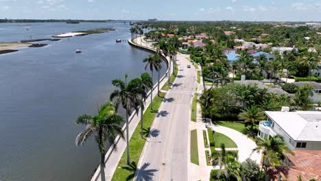 Luftaufnahme-über-Palmen-Entlang-Der-Straße-In-West-Palm-Beach,-Florida