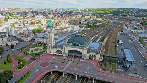 Limoges-Benedictins-station,-France.-Aerial-drone-sideways
