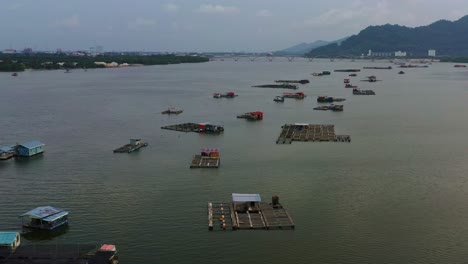 Vista-Aérea-De-Piscifactorías-Flotantes-Tradicionales-En-Aguas-Tranquilas,-Con-Un-Puente-Distante-Y-La-Costa-Al-Fondo