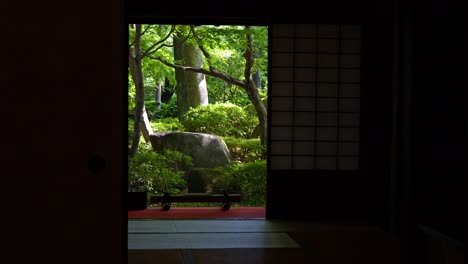 Stunning-reveal-of-typical-Japanese-tatami-room-with-bright-green-landscape-garden