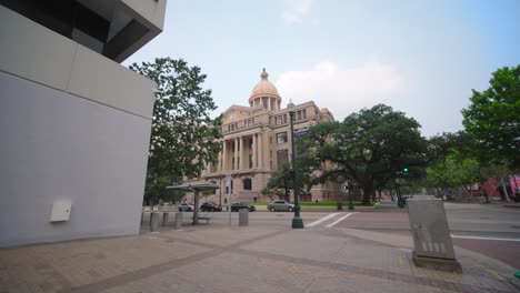 Low-angle-wide-shot-of-buildings-in-downtown-Houston,-Texas