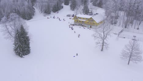 Toma-Aérea-De-Personas-Deslizándose-Hacia-Abajo-Desde-Una-Colina-Y-Luego-Caminando-De-Regreso-Hacia-Arriba,-El-Paraíso-Invernal-En-Estonia