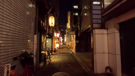 Pasando-Por-Una-Calle-Estrecha-Por-La-Noche-En-Kyoto,-Japón