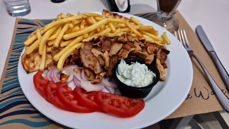 A-delicious-plate-of-fries,-chicken-gyro,-tzatziki,-tomatoes,-and-onions-served-on-a-table
