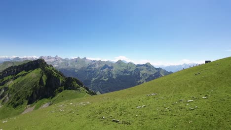 Flight-towards-Swiss-mountains-at-Fronalpstock,-Switzerland,-Europe