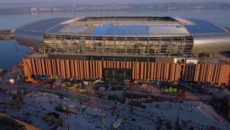 Establishing-Everton-football-club-aerial-view-new-stadium-construction-site-on-Bramley-Moore-dock-Liverpool-waterfront