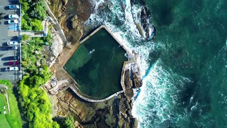 Cliffside-landscape-view-of-people-swimming-in-ocean-beach-baths-along-headland-coastline-Randwick-Malabar-Maroubra-Sydney-Australia-drone-aerial
