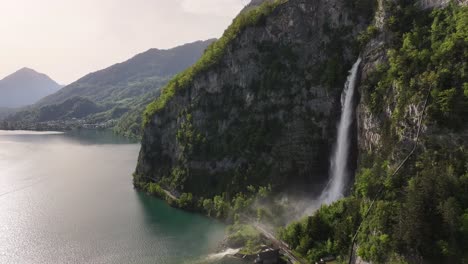 Aerial-view-of-the-majestic-Seerenbachfälle-in-Amden-Betlis,-Walensee,-Switzerland,-capturing-the-awe-inspiring-power-and-beauty-of-nature