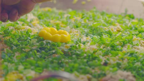 Finishing-a-recipe-adding-pieces-of-pepper-on-top-of-cheese,-rice-and-chicken-and-scallions