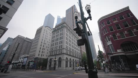 Low-angle-wide-shot-of-buildings-in-downtown-Houston,-Texas