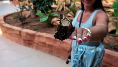 A-woman-holds-a-butterfly-on-her-hand-in-an-indoor-garden